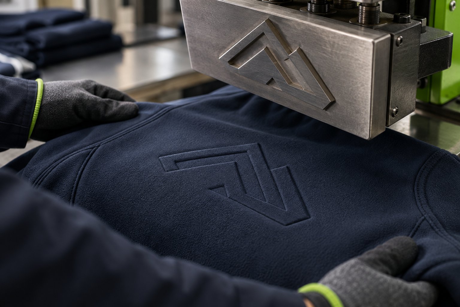 Embossing-Presse prägt ein Ton-in-Ton-Relief in einen navyfarbenen Pullover